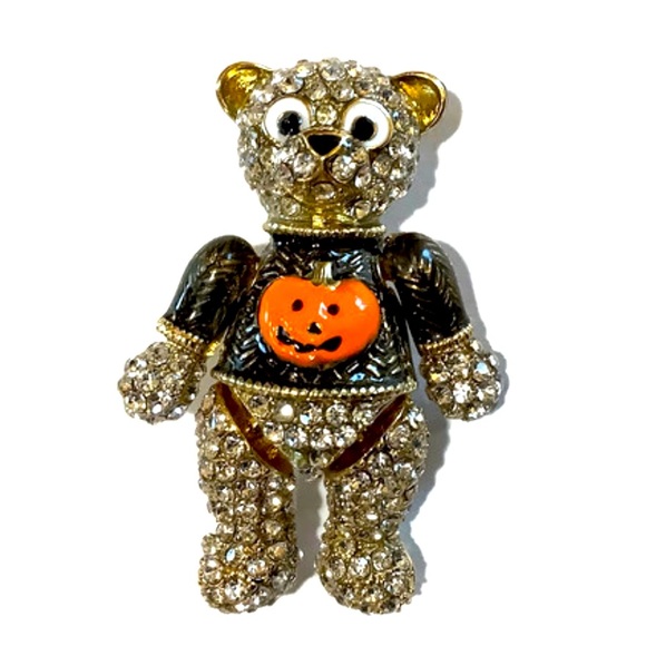 Jewelry - Gold-Tone Crystal Pumpkin Bear Brooch Pin